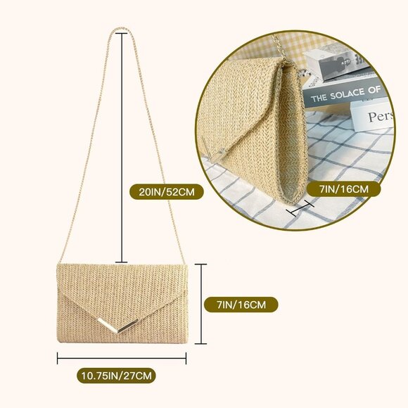Boho Woven Rattan Summer Straw Clutch Bag with Chain Strap for Women Party Weddi - Picture 2 of 8